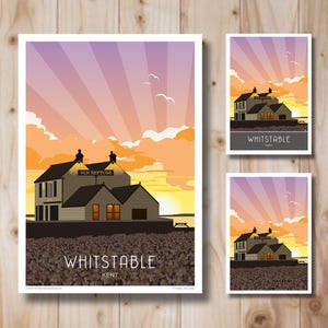 The Old Neptune, Whitstable, Tramonto, Kent Coast. Poster di viaggio d'arte. A4, A3, A2, A1 Tre versioni disponibili