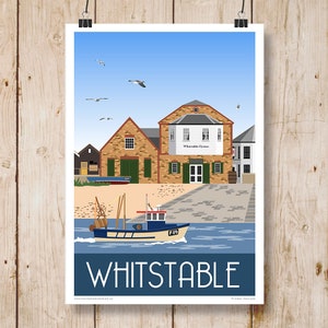 Whitstable Oyster Company. Travel poster of Oyster Restaurant on Whitstable Beach, Kent. A4, A3, A2, A1. Other sizes now available