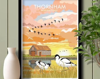 Avocets Thornham Coal Barn Sunset, North Norfolk, Travel Poster, Art. Unframed print.