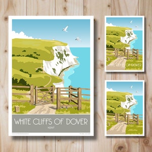 White Cliffs of Dover, Kent, Travel Portrait, in Retro, Art Deco style design, Wall Art, Poster Print
