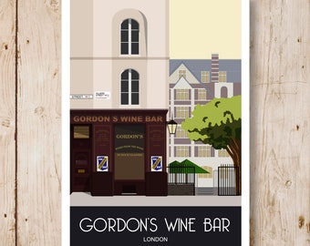 Gordon's Wine Bar, London. Art print poster of Gordon's Wine Bar, Embankment, Villiers Street, London. A4, A3, A2, A1