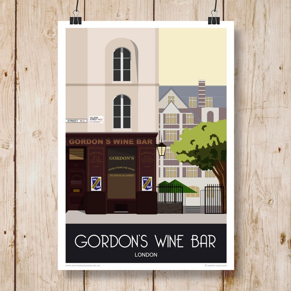 Gordon's Wine Bar, London. Art print poster of Gordon's Wine Bar, Embankment, Villiers Street, London. A4, A3, A2, A1