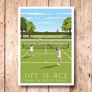 Tennis, Women&#39;s Doubles Poster. Pick from Women&#39;s, Men&#39;s or Mixed Games. Personalise Text. Grass Court. Gift. Print. Travel/Sports Poster