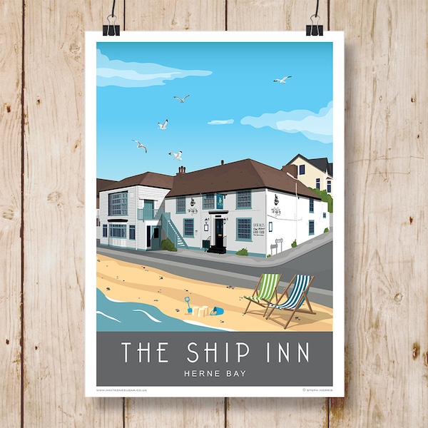 The Ship Inn, Herne Bay, Kent. Art print Travel/Railway Poster A4, A3, A2, A1  in Retro, Art Deco style design