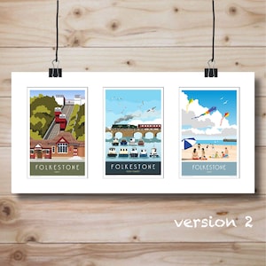 May include: Three colourful illustrations of Folkestone, Kent, England. The first illustration shows the Folkestone Cliff Railway, a funicular railway. The second illustration shows a train crossing a bridge over a harbour with boats. The third illustration shows a beach scene with people and kites.