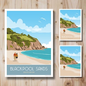 Blackpool Sands, Dartmouth, sud du Devon. Poster de voyage, South Hams. A4, A3, A2, A1. Impression d&#39;art rétro