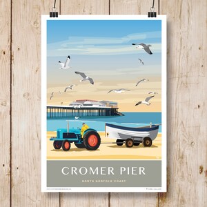 Cromer Travel Poster, Fishing Boat and Tractor, Cromer beach near Pier, North Norfolk. A4, A3, A2, A1. Landscape  and other sizes available