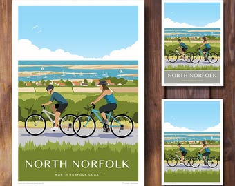 North Norfolk Cycling, Travel Poster. Portrait, Art Deco style print