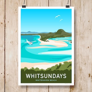 Whitsundays Whitehaven Beach, Queensland, Australia. A4, A3, A2, A1 in Retro, Art Deco style design.