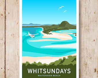 May include: A colorful illustration of a plane flying over a white sand beach with turquoise water. The text "WHITSUNDAYS WHITEHAVEN BEACH" is at the bottom of the image.
