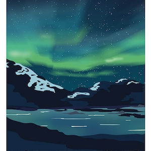 May include: A vibrant green and blue aurora borealis, also known as the Northern Lights, illuminates the night sky above a dark mountain range and a still lake. The sky is filled with stars.