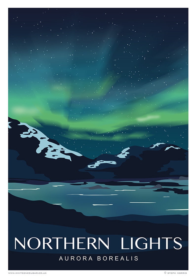 May include: A vibrant green and blue aurora borealis, also known as the Northern Lights, illuminates the night sky above a dark mountain range and a still lake. The sky is filled with stars.