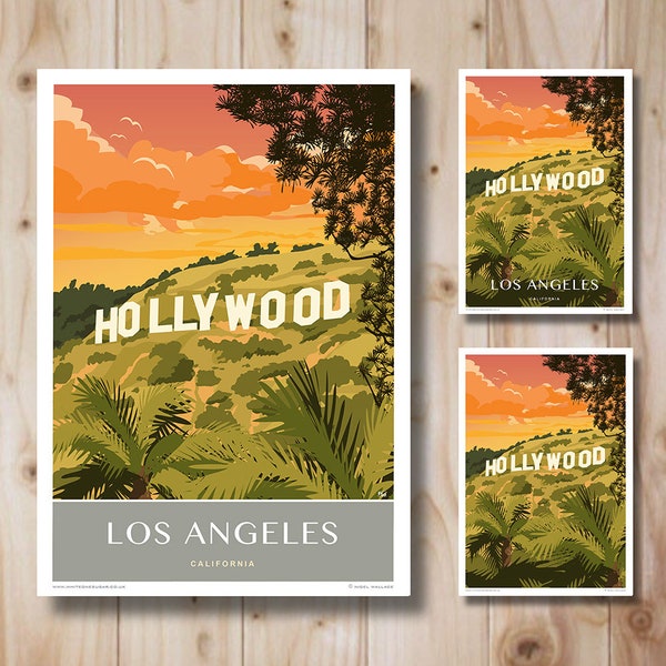 Los Angeles Hollywood Sign at Sunset, California, America, Art Deco style design, Poster, Print. Travel Poster. Three versions available