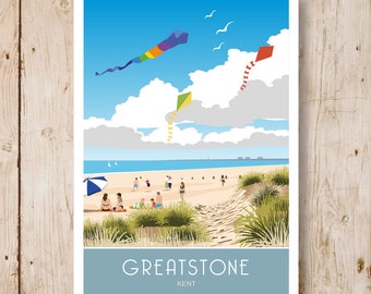 Greatstone Strand, zwischen Dungeness und New Romney, Kent. A4, A3, A2, A1 Reiseposter 2 Versionen