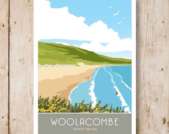 Woolacombe Bay Surf Beach Holiday, North Devon. Travel Poster A4, A3, A2, A1 Three views