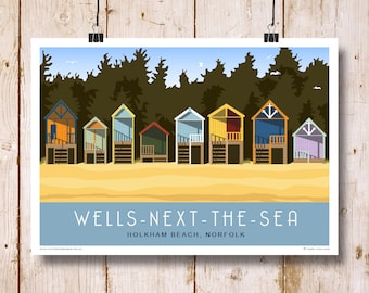 Holkham Beach Huts, Wells-next-the-Sea. Travel poster,  Norfolk. Landscape.