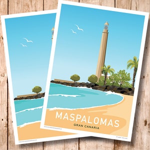 Faro de Maspalomas, playa, Gran Canaria, Islas Canarias. Diseño retro art déco, póster de viaje, impresión artística. Dos versiones
