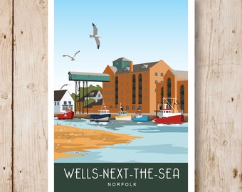 WELLS-next-the-SEA. Travel poster of Wells next the Sea, Quay Side, Norfolk. A4, A3, A2.