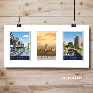 May include: Three illustrated postcards featuring different landmarks in Canterbury, England. The first postcard shows the Old Weavers' House, the second shows the Cathedral from University Road, and the third shows the West Gate Towers.
