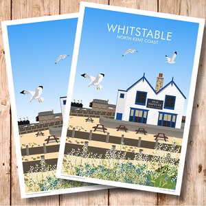 Old Neptune, Whitstable, Kent. Pub en la playa. Diseño art déco. Impresión. Póster de viaje.