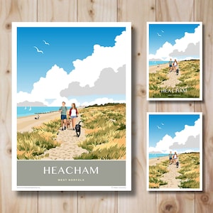 Heacham, Travel Poster, Beach Dog Walking, West Norfolk, Portrait, in Retro, Art Deco style design Print, Travel Poster