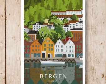 Bergen, Norway. Travel Poster. A4, A3, A2, A1. Portrait and Landscape available.