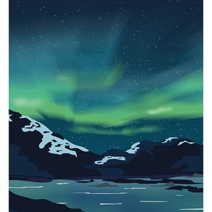 May include: A digital illustration of a night sky with a vibrant green aurora borealis over a dark mountain range and a still body of water. The sky is filled with stars.