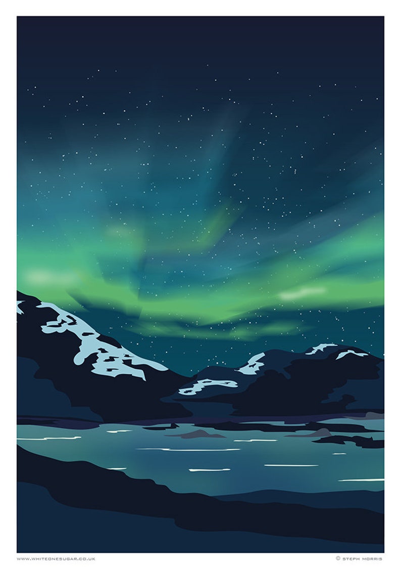 May include: A digital illustration of a night sky with a vibrant green aurora borealis over a dark mountain range and a still body of water. The sky is filled with stars.