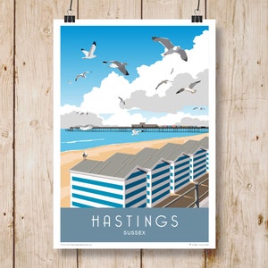 Hastings Beach Huts and Pier Poster, Sussex Coast. Travel Poster, portrait. A4, A3, A2, A1. Other sizes now available