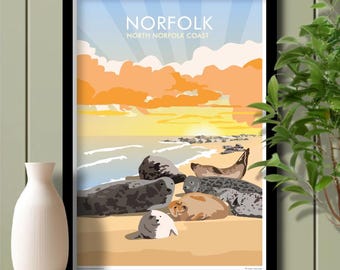 Seals Norfolk Sunrise Beach, Travel Poster, Art. Unframed print.