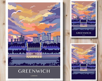 Greenwich, Travel Poster, London Night Sky. Print. Retro Art Deco style design, Art Print