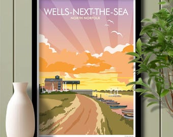 Wells next the Sea Sunset, Travel Poster, Art. Unframed print.