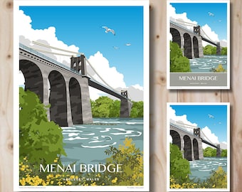 Menai Bridge, Wales. Menai Strait. Portrait, in Retro, Art Deco style design, Poster, Print. Travel Poster