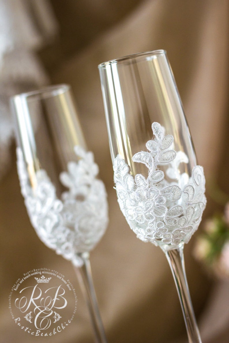 Wedding Champagne Flutes Vintage Wedding Glasses Lace Etsy