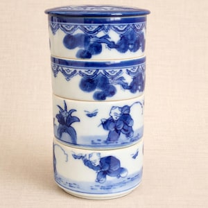 Vintage Blue White Porcelain Stacking Food Box – 4 Tier Condiment Container, Lucky Children Motif