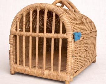 Vintage Wicker Pet Carrier, Rattan Cat House, Mid Century Dog Bed, Boho Hideaway Cottage Style