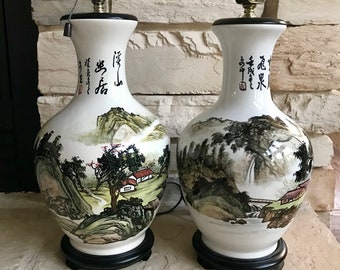 Pair of Japanese Table Lamps| Hand Painted| Green Black White Décor| 14.5" height 24" diameter