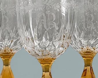 Bohemian Crystal Wine Glasses Monogram R Set of 6 | Amber Stem Cut Crystal Goblets  | 1940s 1950s 1960s