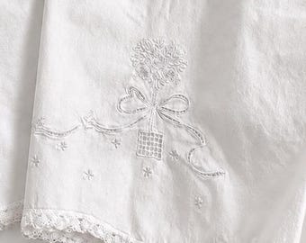 Antique Embroidered Cotton Pillowcases Pair | Whitework Lace Cottage Bedding