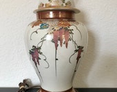 Satsuma Ginger Jar Lamp Wisteria Chrysanthemum Flowers Hand Painted 24 quot total height 24.5 quot around widest part