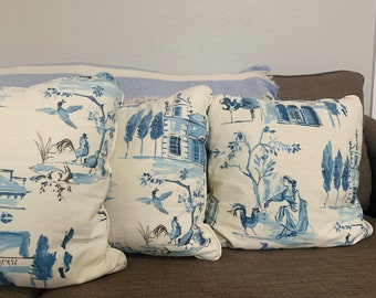 1950s Toile Hot Air Balloon Pillows Fabric| Blue Off White| 17"x17"| Decorative Pillows