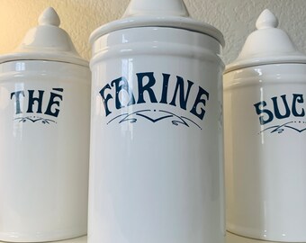 1983 Ceramic Flour-Farine Canister| White and Navy Blue| Flour Jar| Flour Container|8"height