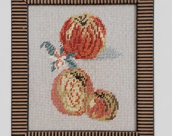 Needlepoint Apple Fruit Still Life Framed Wall Art | Cottagecore Needlework Decor | 1980s-1990s
