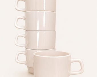 1980s French Stackable Cups – Set of 5 Pale Blush Opal Glass Bistro Ware-ARC France