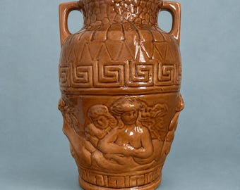 Antique Central European Relief Pottery Vase | Figural Animal Amphora | Brown Glazed Earthenware | Hungarian Estate Decor c. 1900–1930
