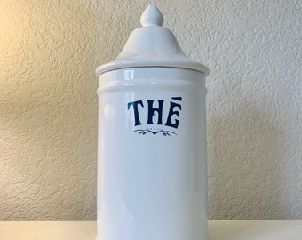 1983 Ceramic Tea-The Canister| White and Navy Blue| Flour Jar| Tea Container|8"height