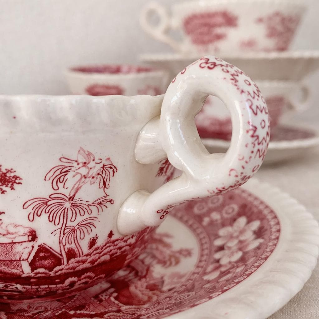 Antique Copeland Spode Tea Cups & Saucers Set, Red Tower