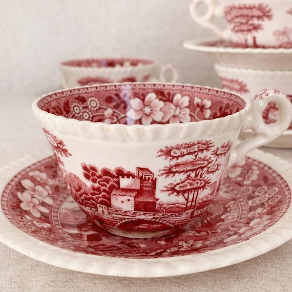 英国Copeland Spode社製  Cat handle　cup Antique Copeland Spode Tea Cups & Saucers Set, Red Tower