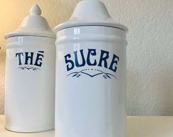 1983 Ceramic Sugar-Sucre Canister| White and Navy Blue| Flour Jar| Sugar Container|8"height