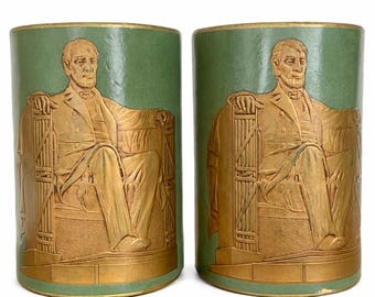 Abraham Lincoln Bookends, After Lincoln Memorial Sculpture, Leather-Clad Library Set, 1930s-40s